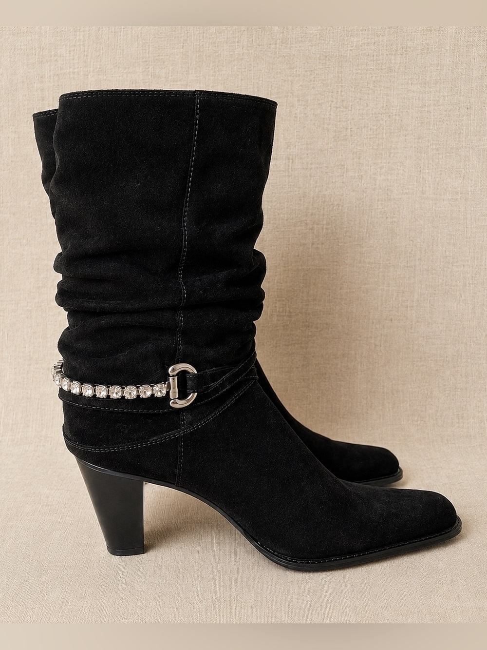 Stuart Weitzman Black Suede Slouch Boots Crystal Strap 7.5 M Made Spain